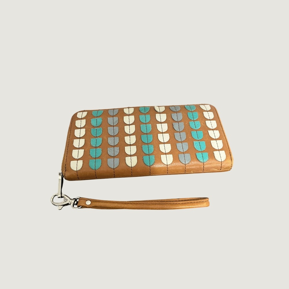 Fossil Brown Leather Zip Around Wristlet Wallet Geometric Applique Multicolor